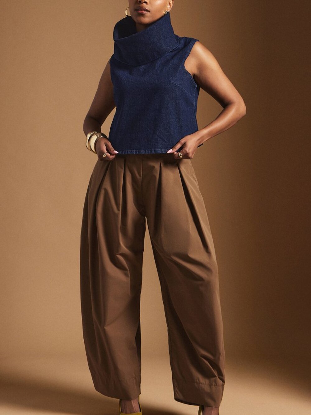 Dark Wash Casual Women's Funnel Neck Relaxed Fit Denim Top